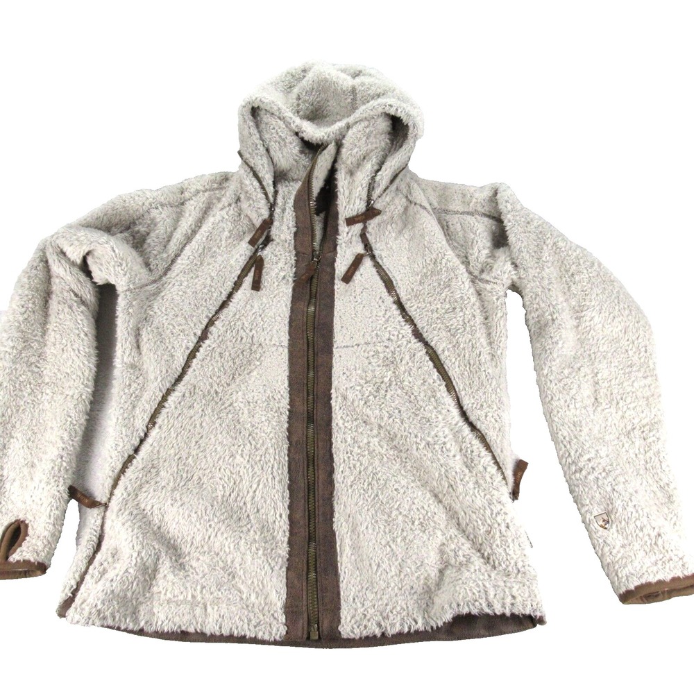 Kuhl Flight Jacket Women Medium Tan Italian Fleece Zip Pockets Stow HoodFull Zip